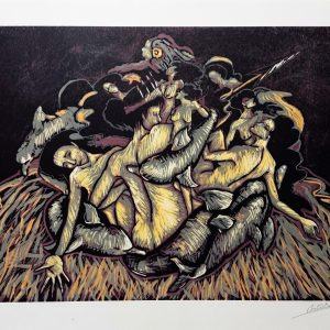 Grabado de la artista Castrolara titulado Reinas.En él vemos una serie de mujeres en distintas posturas.