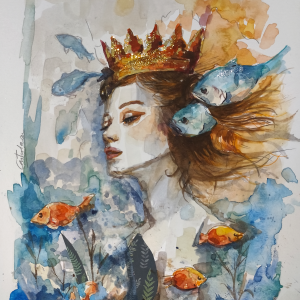 Acuarela titulada Reina Piscis de la artista Castrolara. En ella vemos a una mujer con una corona dorada con el pelo flotando en el agua y rodeada de peces azules y naranjas. Destacan los colores azul y naranja del fondo y de los peces.