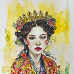 Acuarela titulada Reina Libra de la artista castrolara. En ella vemos a una mujer con una corona dorada y un traje de flores colorido. Destacan los colores amarillos y rojos