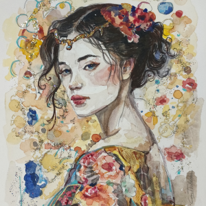 Acuarela de la artista Castrolara titulada Reina Tauro. En ella vemos a una mujer con el pelo castaño recogido en un moño con una flor roja y una corona dorada. Tiene un vestido de flores de varios colores y está rodeada de manchas de colores. Destacan los colores amarillos, rojos y azules.