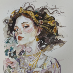 Acuarela de la artista Castrolara titulada Reina Géminis. En ella vemos a una mujer con una corona dorada y el pelo castaño ondulado movido por el viento. Tiene un vestido lila y blanco y está rodeada de flores rosadas en la parte inferior izquierda.