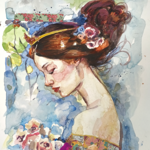 Acuarela titulada Reina Cáncer de la artista Castrolara. En ella vemos a una mujer de perfil con los ojos cerrados y con el pelo recogido en un moño con flores y una tiara. Destaca el color azul del fondo y los verdes y rosas.