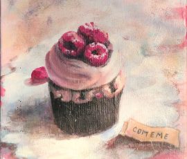 Cómeme Cuadro títulado "Cómeme" de la artista Castrolara. Se trata de una obra de técnica mixta sobre lienzo en la que vemos un cupcake en el medio con nata y frambuesas. Abajo a la derecha hay una nota que pone "Cómeme". Destacan los colores rosa y blancos.