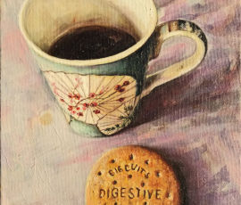 Digestive Cuadro titulado "Digestive" de la artista castrolara. Se trata de un bodegón visto desde arriba en el que vemos una taza de café y una galleta en la que pone digestive. Es una obra de pintura de técnica mixta sobre lienzo en la que destacan los colores morados, azules verdosos y marrón claro