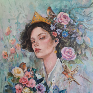 Técnica mixta sobre lienzo
<br>
<strong><em><a href="https://castrolara.com/producto/reina-de-bastos/" rel="noopener noreferrer" target="_blank">COMPRAR</a></em></strong> Obra titulada "Reina de bastos" de la artista Castrolara. Se trata de una pintura de técnica mixta sobre lienzo en la que vemos a una mujer con una corona dorada rodeada de flores y petirrojos. Destacan los colores rosas y verdes azulados.