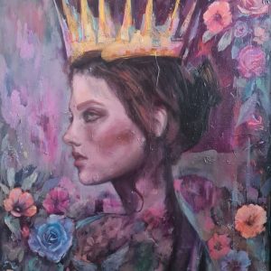 Mixta sobre lienzo
<br>
<strong><em><a href="https://castrolara.com/producto/reina-de-corazones/" rel="noopener noreferrer" target="_blank">COMPRAR</a></em></strong> Obra titulada Reina de Corazones de la serie Reinas de la artista Castrolara. En ella vemos a una mujer de perfil con una corona dorada en la cabeza y el pelo recogido en un moño, rodeada de flores rosas, azules y naranjas. Destaca el tono burdeos que tiñe todo el cuadro.