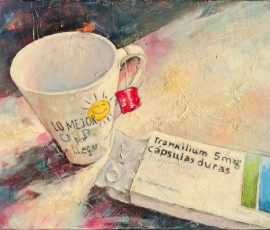Tranxilium Obra de la artista Castrolara titulada Tranxilium. En ella vemos a la izquierda una taza que pone "Lo mejor está por venir" con un sol con una sonrisa. Y a su derecha vemos una caja de Tranxilium abierta.